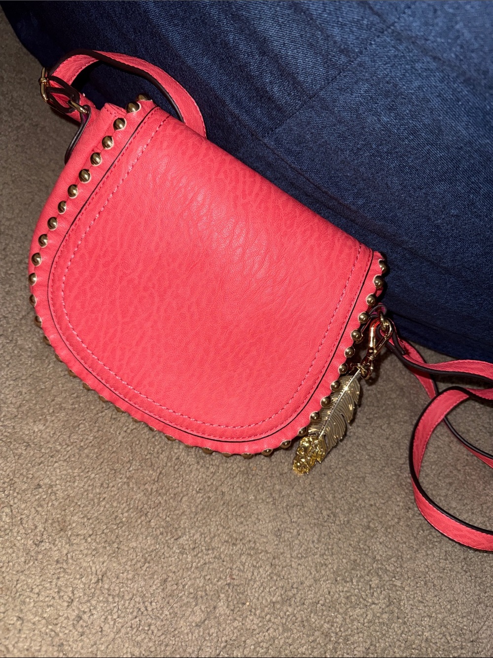 Jessica Simpson Coral Pink Studded Saddle Crossbody with Gold Charm